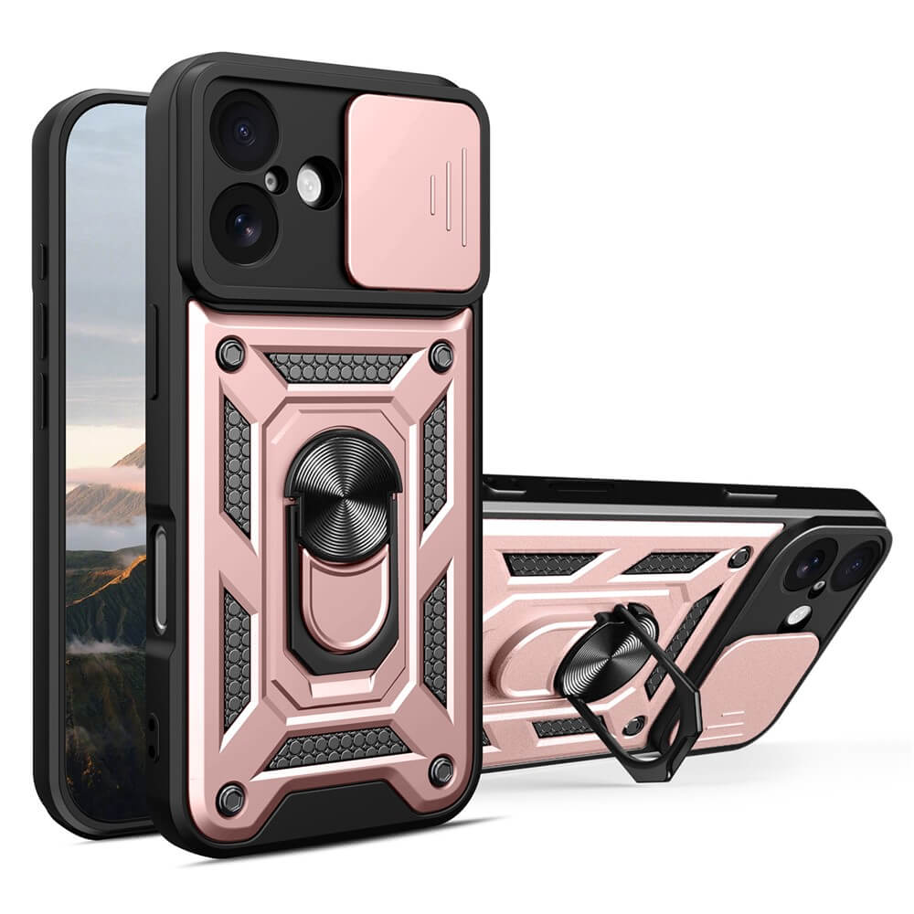 Zwei iPhone 17-Geräte im Armor Case mit Kickstand von Cover-Discount mit robustem roségoldenem Design, verschiebbaren Kameraabdeckungen, integrierten Metallständern und magnetischen Funktionen für sicheren Schutz.