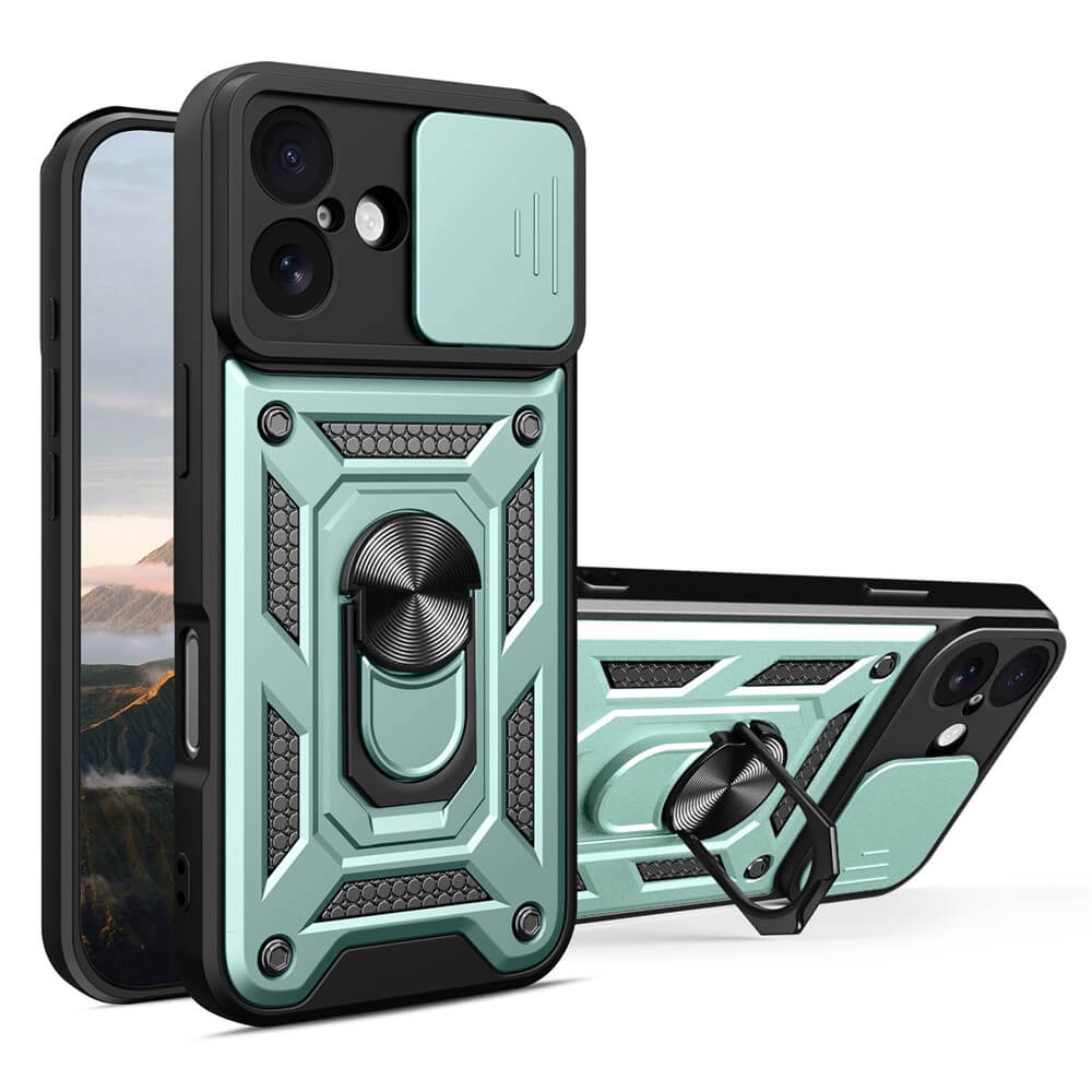 Zwei tealfarbene Cover-Discount iPhone 17 - Armor Case mit Kickstand Cases, die mit Kickstand und verschiebbaren Kameraabdeckungen ausgestattet sind, werden auf Smartphones gezeigt.