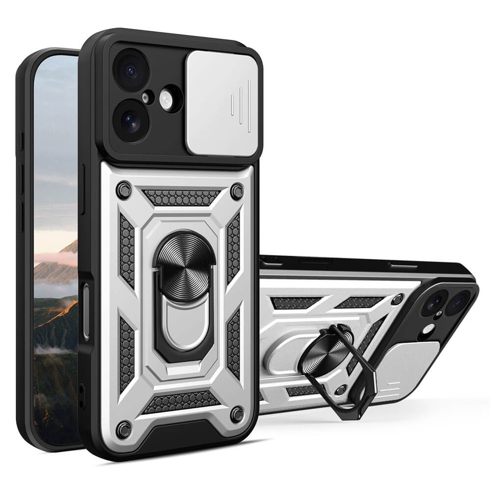Zwei Cover-Discount iPhone 17 - Armor Case mit Kickstand Hüllen, jeweils mit einer Kameraabdeckung, dargestellt auf schwarzen Telefonen mit Berg-Tapete-stylischer Kickstand Hülle für Top-Schutz.