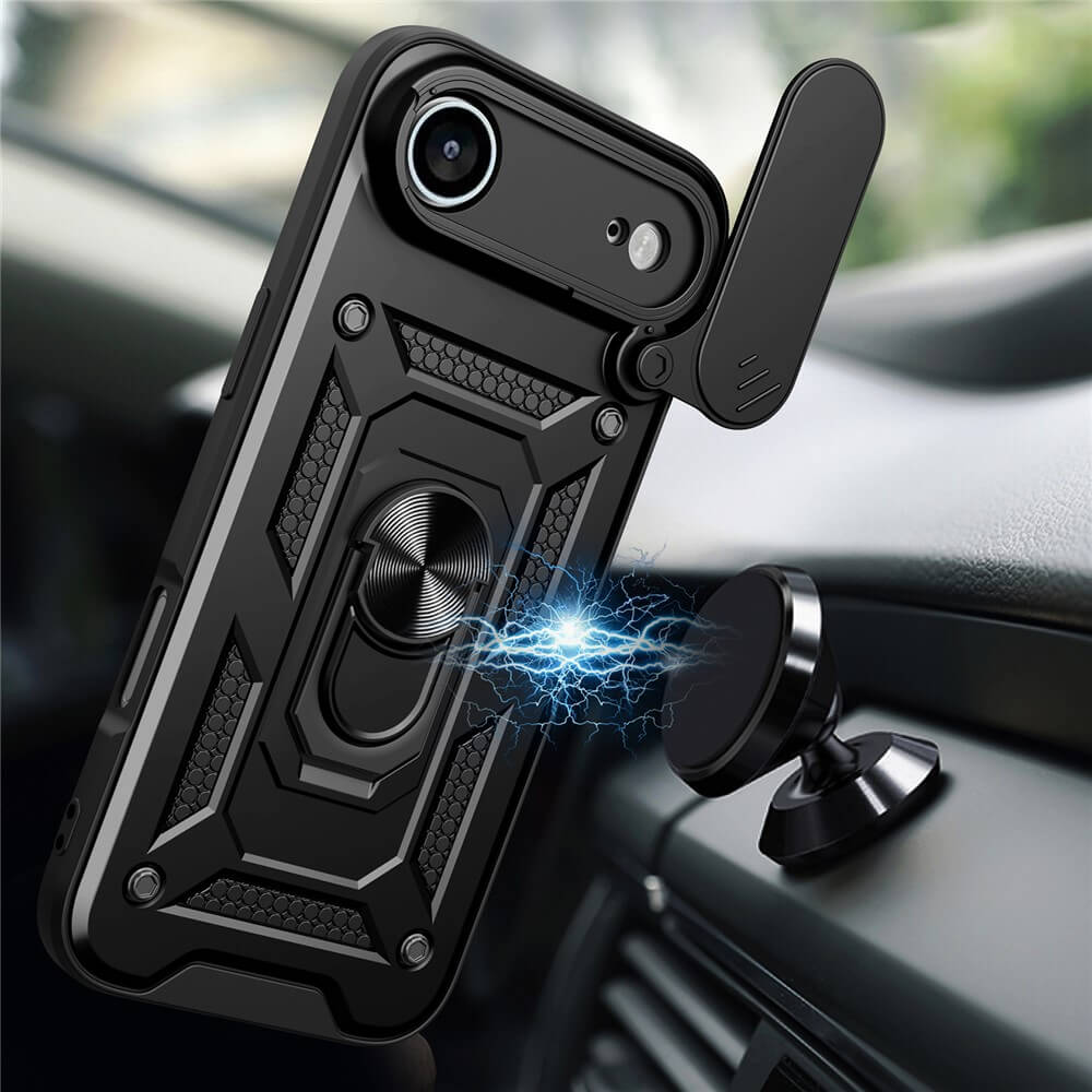 Das Cover-Discount iPhone 17 Air - Armor Case mit Kickstand lässt sich magnetisch an einer Magnethalterung im Auto befestigen und verfügt über eine Linsenabdeckung mit illustrierten Funken für zusätzliches Flair.