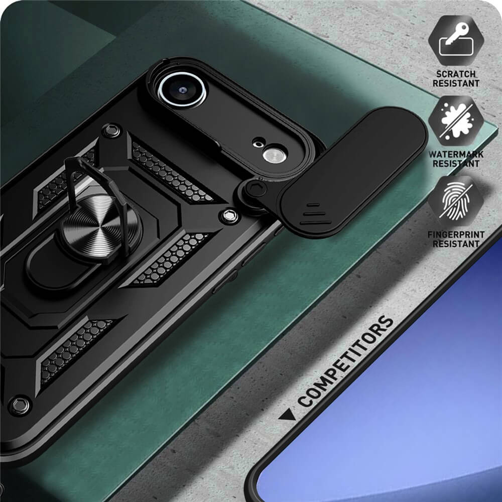 Nahaufnahme des Cover-Discount iPhone 17 Air - Armor Case mit Kickstand: robustes schwarzes Design, Kameraschutz, Kratz-/Wasserflecken-/Fingerabdruckschutzsymbole und eine Magnethalterung zur sicheren Befestigung.