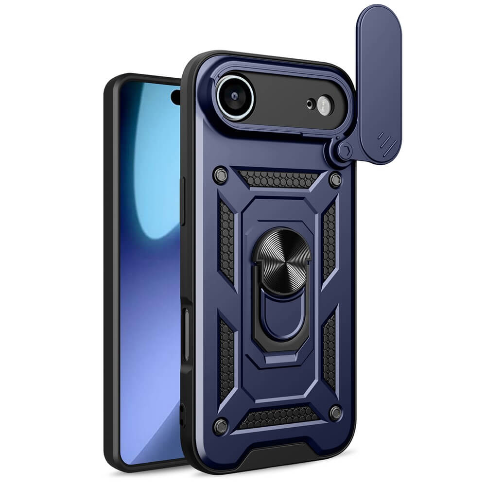 Das Cover-Discount iPhone 17 Air - Armor Case mit Kickstand bietet robusten blauen Schutz mit einer Ringhalterung, Magnethalterung zur sicheren Befestigung, und einer Kameralinsenabdeckung.
