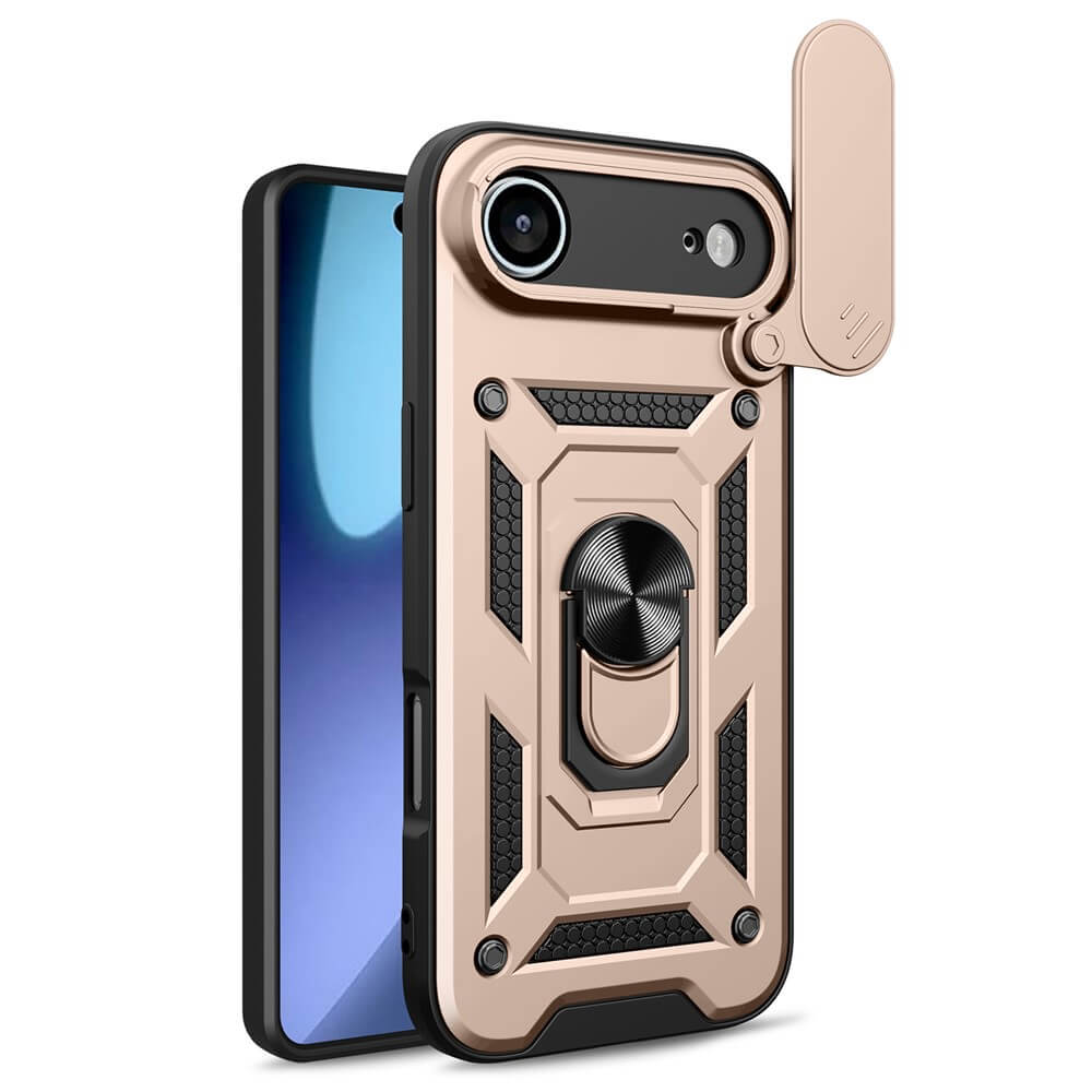 Schützen Sie Ihr iPhone 17 mit dem Cover-Discount Air - Armor Case mit Kickstand in robustem Roségold, das mit einem drehbaren Ring, einer Linsenabdeckung und einem perfekt angepassten Design ausgestattet ist.