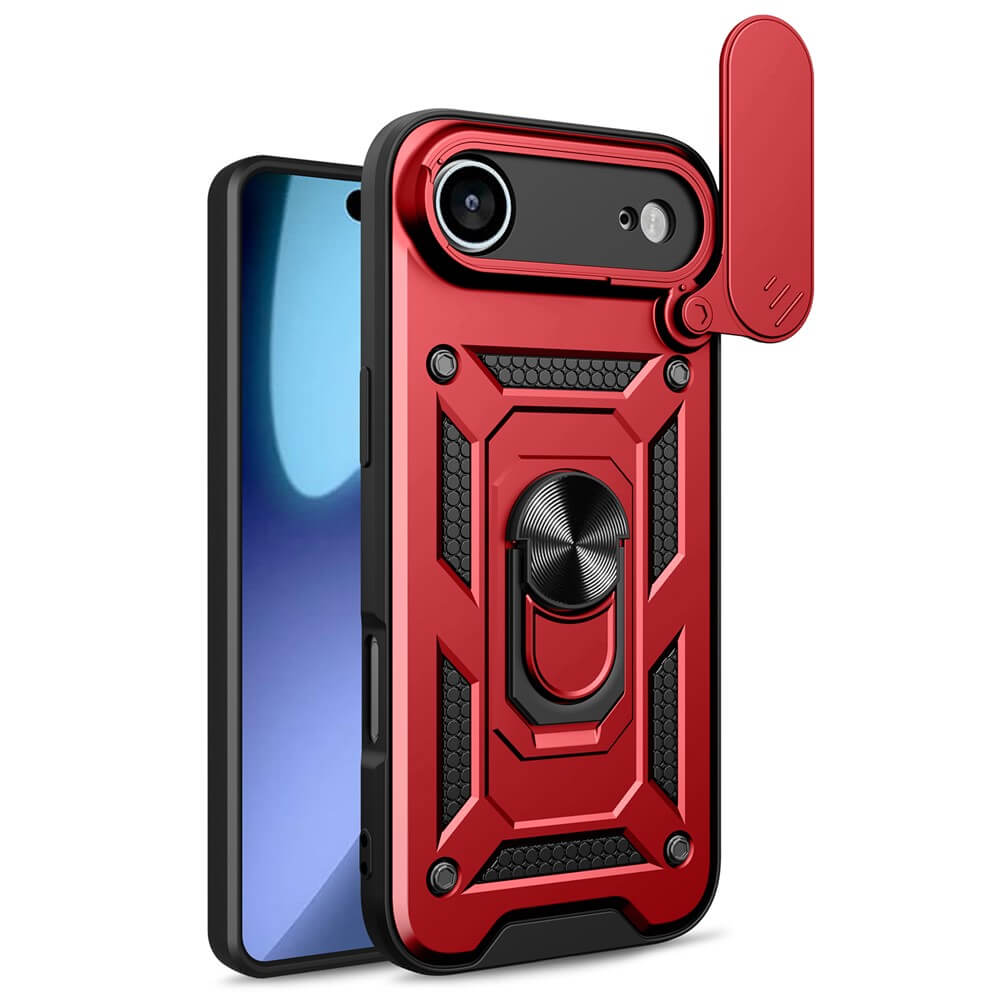 Das iPhone 17 Air - Armor Case mit Kickstand von Cover-Discount in rot verfügt über einen drehbaren Ringständer, eine Kameraabdeckung, einen schwarzen Rand und ist kompatibel mit Magnethalterung zur sicheren Befestigung an Ihrem Gerät.