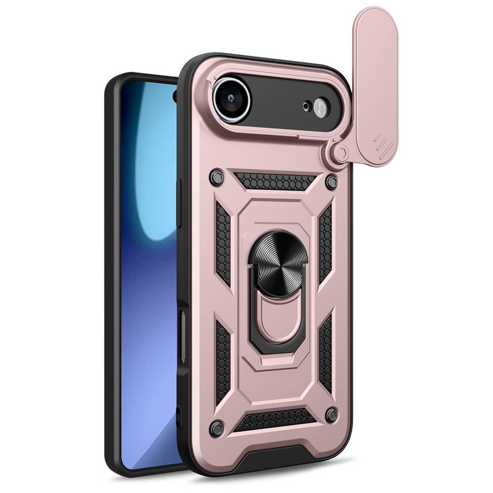 Das iPhone 17 Air in einem robusten pink-schwarzen Armor Case mit Kickstand von Cover-Discount, mit Ringhalterung, Magnethalterung und offener Kameralinsenabdeckung.