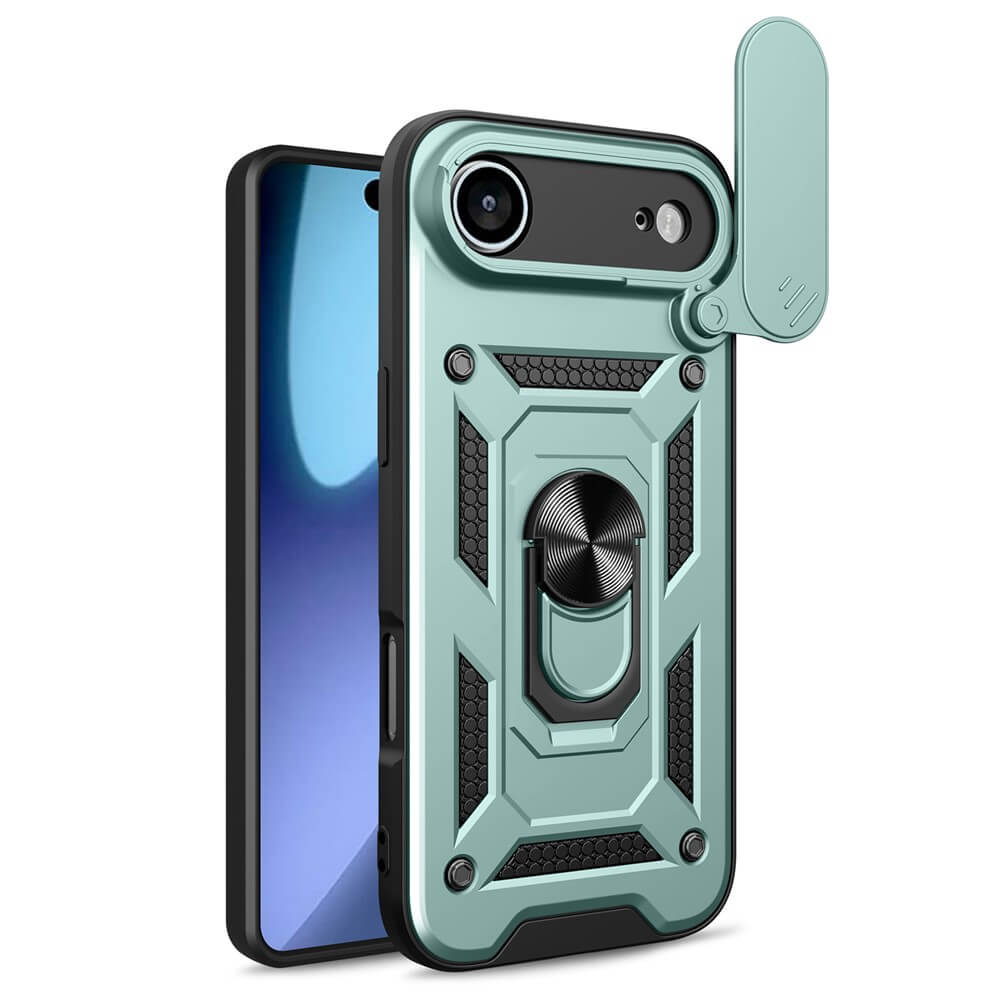 Das Cover-Discount iPhone 17 Air - Armor Case mit Kickstand in teal verfügt über eine Kameraabdeckung, einen eingebauten Ringständer und eine Magnethalterung zur einfachen Befestigung - ein robuster Schutz für das Smartphone.