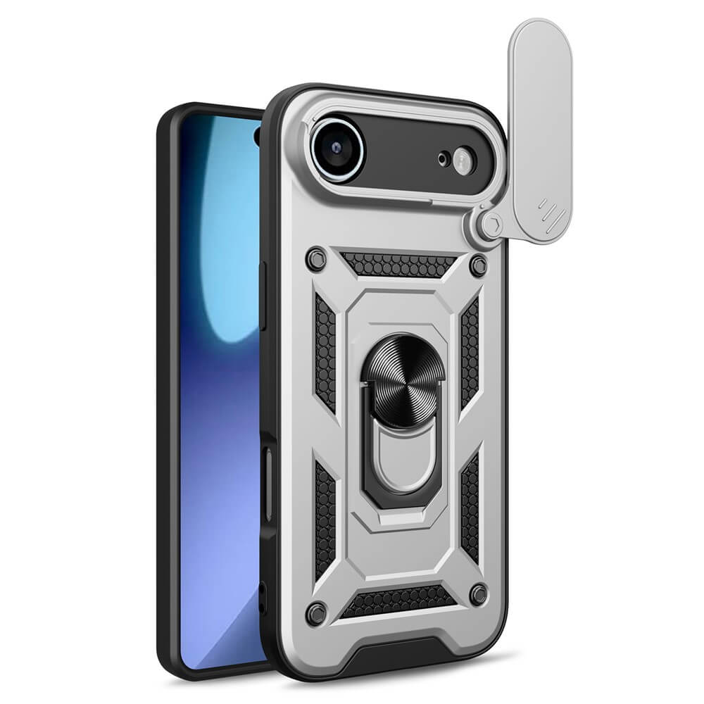 Das Cover-Discount iPhone 17 Air - Armor Case mit Kickstand bietet Top-Schutz und Komfort mit integriertem Ringständer, Kameraabdeckung und Magnethalterung, hier von der Rückseite für einen klaren Blick auf seine Funktionen.
