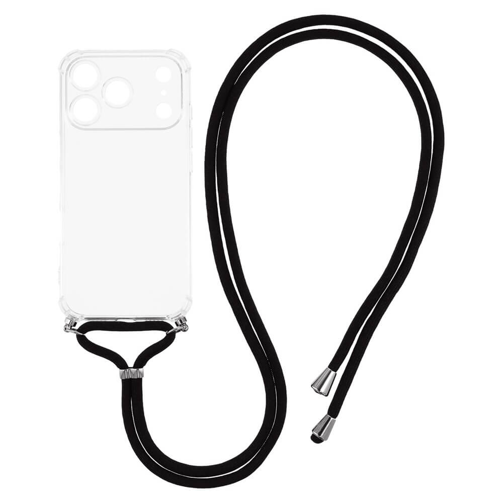 #farbe_transparent|Die Cover-Discount iPhone 17 Pro - Hülle mit Umhängeband ist eine klare TPU-Hülle mit schwarzer Handykette und silbernen Metallenden, ideal für bequemes, freihändiges Tragen.