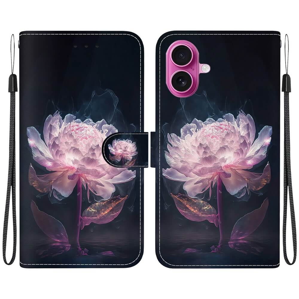 IPhone 17 - Tasche Hülle mit Blüten Motiv von Cover-Discount, mit großem pinken Blüten-Motiv und praktischem Handgelenkband, Vorder- und Rückseite abgebildet.