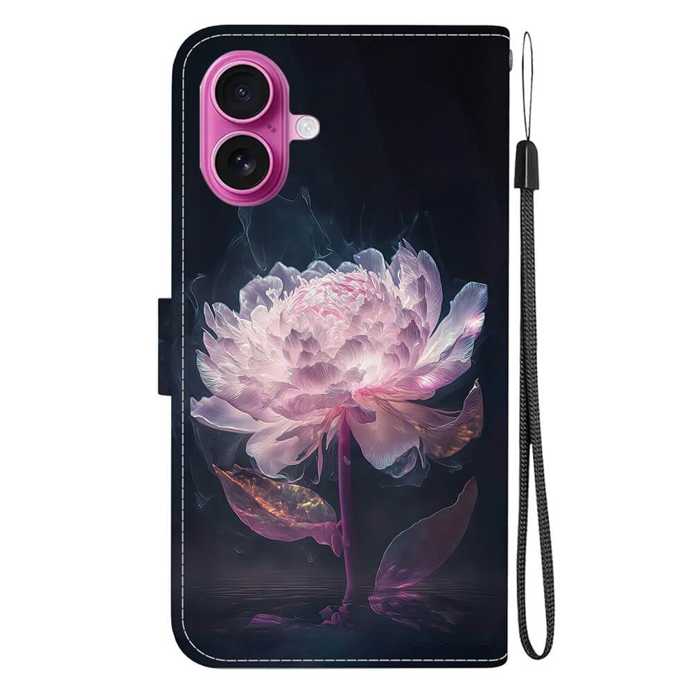 Die Cover-Discount iPhone 17 Tasche Hülle mit Blüten Motiv verfügt über ein stilvolles Blumendesign, zwei Kameraausschnitte und eine abnehmbare schwarze Handschlaufe für zusätzlichen Stil und Komfort.