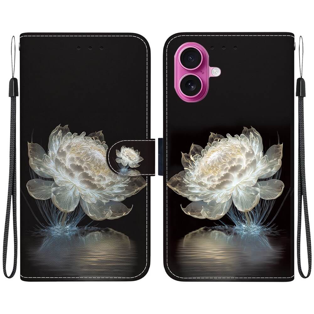 Cover-Discount's iPhone 17-Tasche Hülle mit Blüten Motiv in Schwarz mit weißem, leuchtendem Lotus-Design und Handschlaufe im eleganten Wallet-Stil - Vorder- und Rückseite abgebildet.