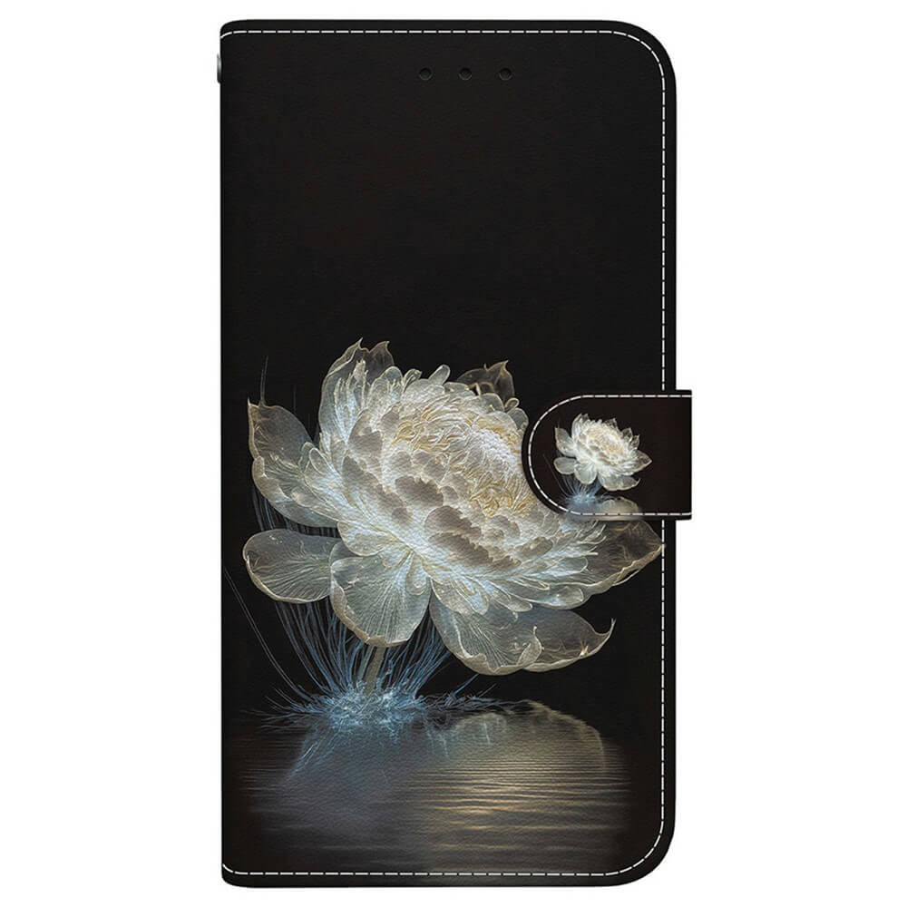 Cover-Discount iPhone 17 Tasche Hülle mit Blüten Motiv in schwarz, mit leuchtendem weißen Blüten-Design und Knospe sowie sichtbaren Nähten an den Rändern.