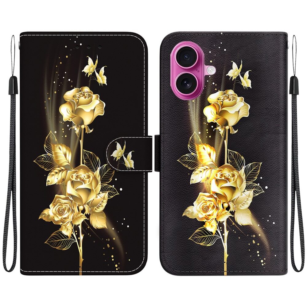 Cover-Discount iPhone 17 Tasche Hülle im Wallet-Design mit goldenem Blüten-Motiv, Rosen und Schmetterlingen auf schwarzem Hintergrund - offen und geschlossen dargestellt.