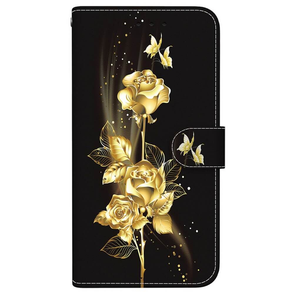 Elegante schwarze iPhone 17 Tasche Hülle von Cover-Discount mit goldenem Blüten-Motiv, Schmetterlingen, leuchtenden Akzenten und weißer Naht im praktischen Wallet-Design - stilvoller Schutz für Ihr Handy.