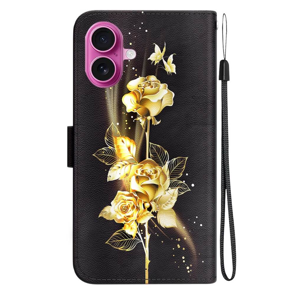 Stylische iPhone 17 Tasche Hülle von Cover-Discount mit Blüten Motiv, goldener Rose und Schmetterling, Handytasche mit praktischer Handschlaufe, pinkem Kameraausschnitt und Wallet-Design für extra Funktionalität.