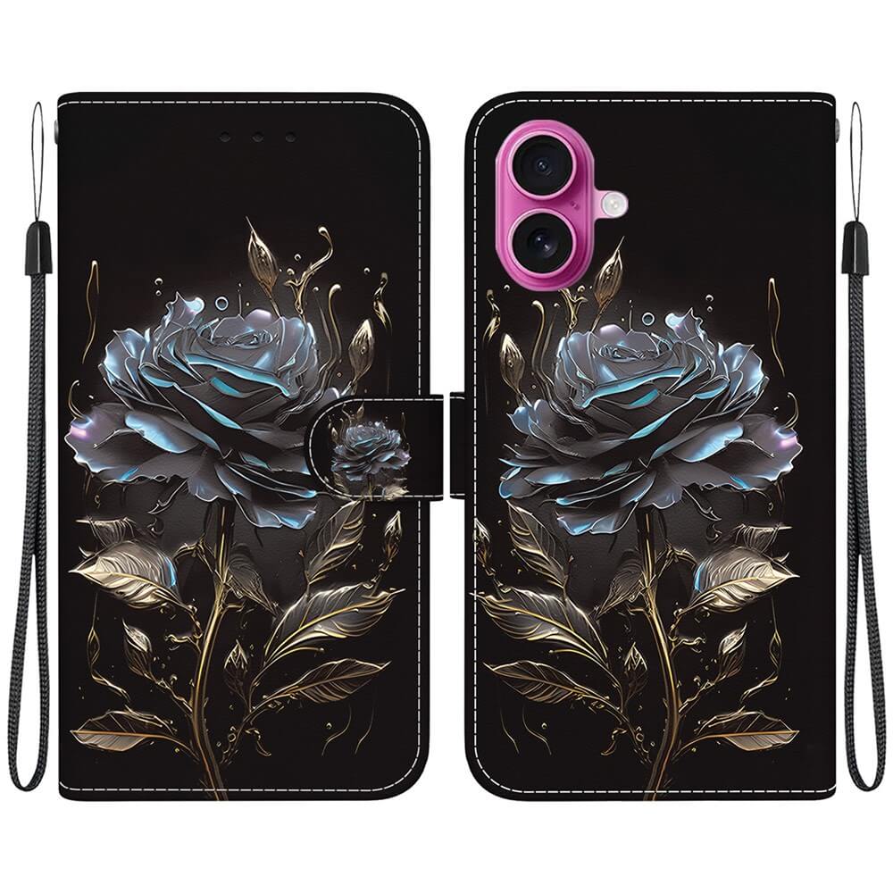 Elegante schwarze iPhone 17 Tasche Hülle von Cover-Discount mit Blüten Motiv in Blau und Silber, goldenen Blättern und Handschlaufe an jeder Seite.