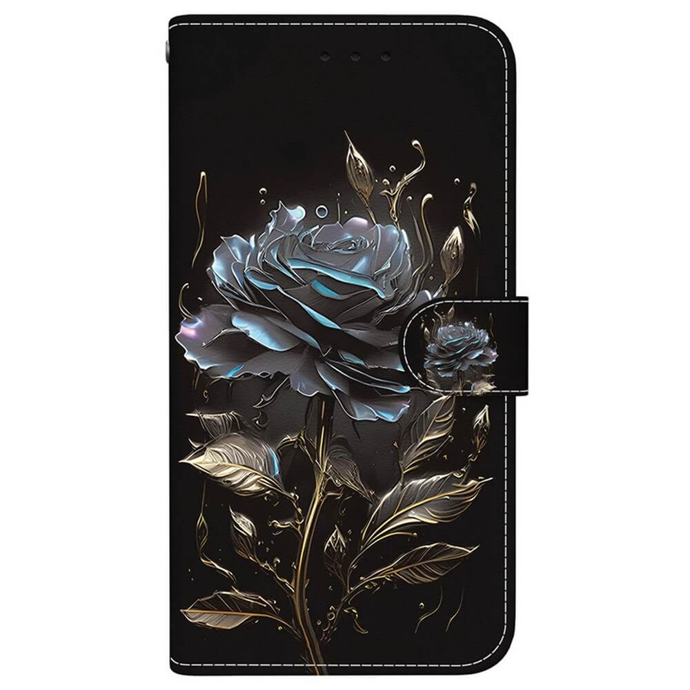 Die Cover-Discount iPhone 17 - Tasche Hülle mit Blüten Motiv zeigt blaue Rosen und goldene Blätter auf schwarzem Hintergrund.