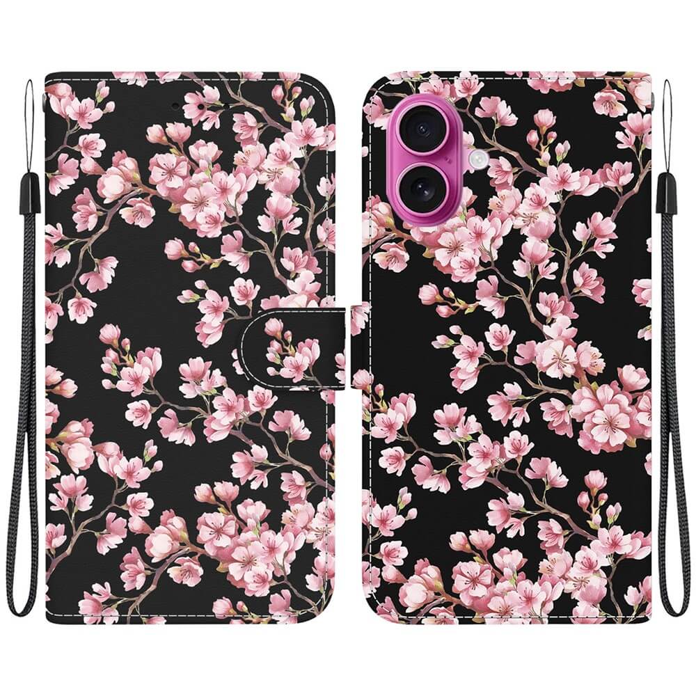 Cover-Discount iPhone 17 - Tasche Hülle mit Blüten Motiv: Schwarzer Hintergrund, rosa Kirschblüten, offen und geschlossen dargestellt, inklusive praktischem Handgelenkriemen.