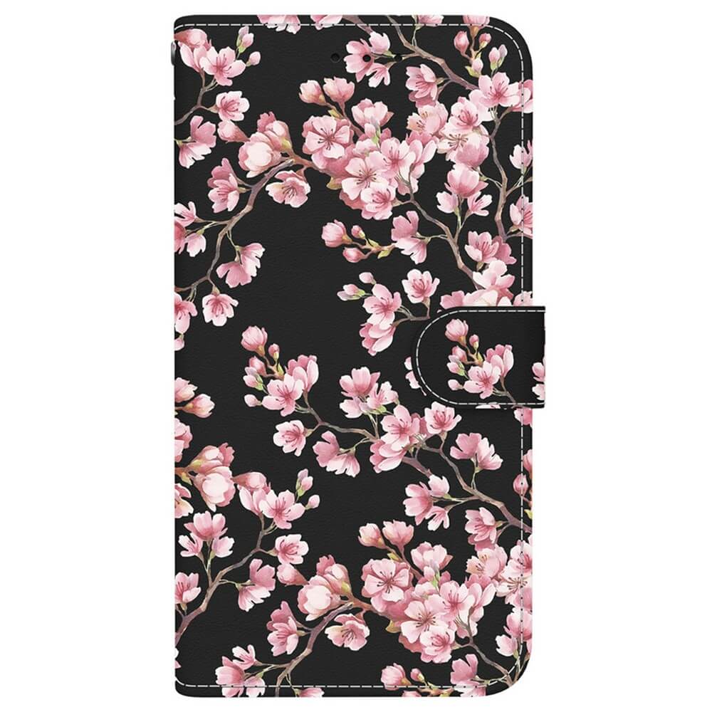 Stilvolle Cover-Discount iPhone 17 Tasche mit Blüten Motiv: pinke Kirschblüten auf schwarzem Hintergrund und praktischem Magnetverschluss an der Seite.