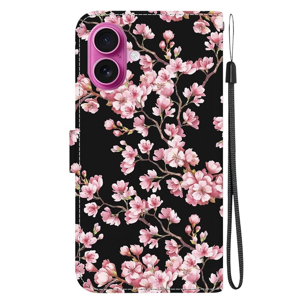 Die Cover-Discount iPhone 17 Tasche Hülle mit Blüten Motiv bietet elegantes Design auf schwarzem Hintergrund und praktischen Trageriemen - das stilvolle Wallet-Case für jeden Anlass.