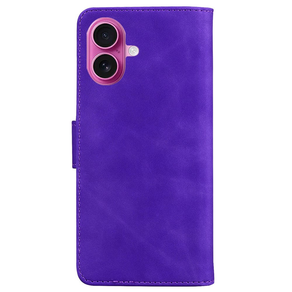 Das Cover-Discount iPhone 17 Solide Leder Etui Hülle ist eine lilafarbene PU-Ledertasche mit Kamera- und Blitzausschnitten in der oberen linken Ecke.