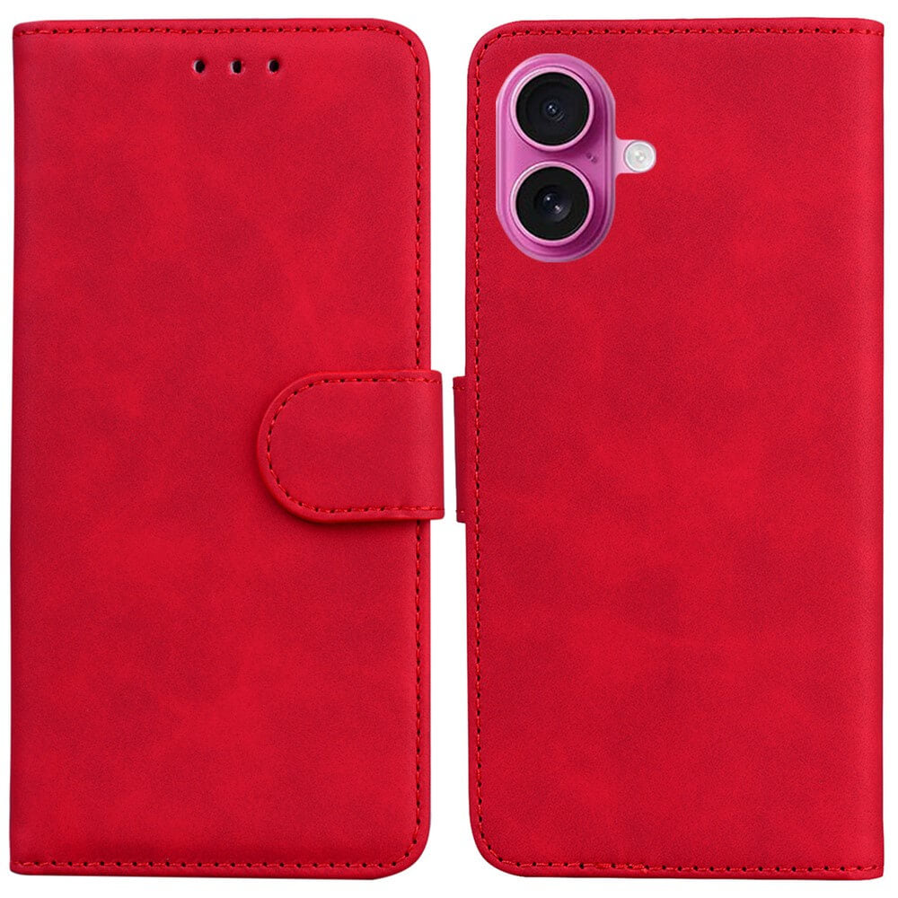 Die Cover-Discount iPhone 17 - Solide Leder Etui Hülle aus rotem PU-Leder im Portemonnaie-Stil mit Magnetverschluss und praktischem Kameraausschnitt - geschlossen und offen präsentiert.