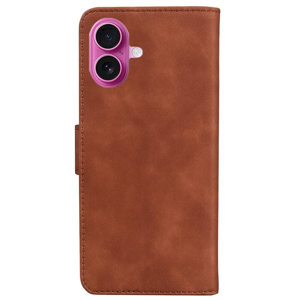 Cover-Discount iPhone 17 - Solide Leder Etui Hülle in Braun, mit Kameraschnitt und pinken Linsen auf der Rückseite - stilvolle Handyhülle Portemonnaie für Schutz und praktische Aufbewahrung.