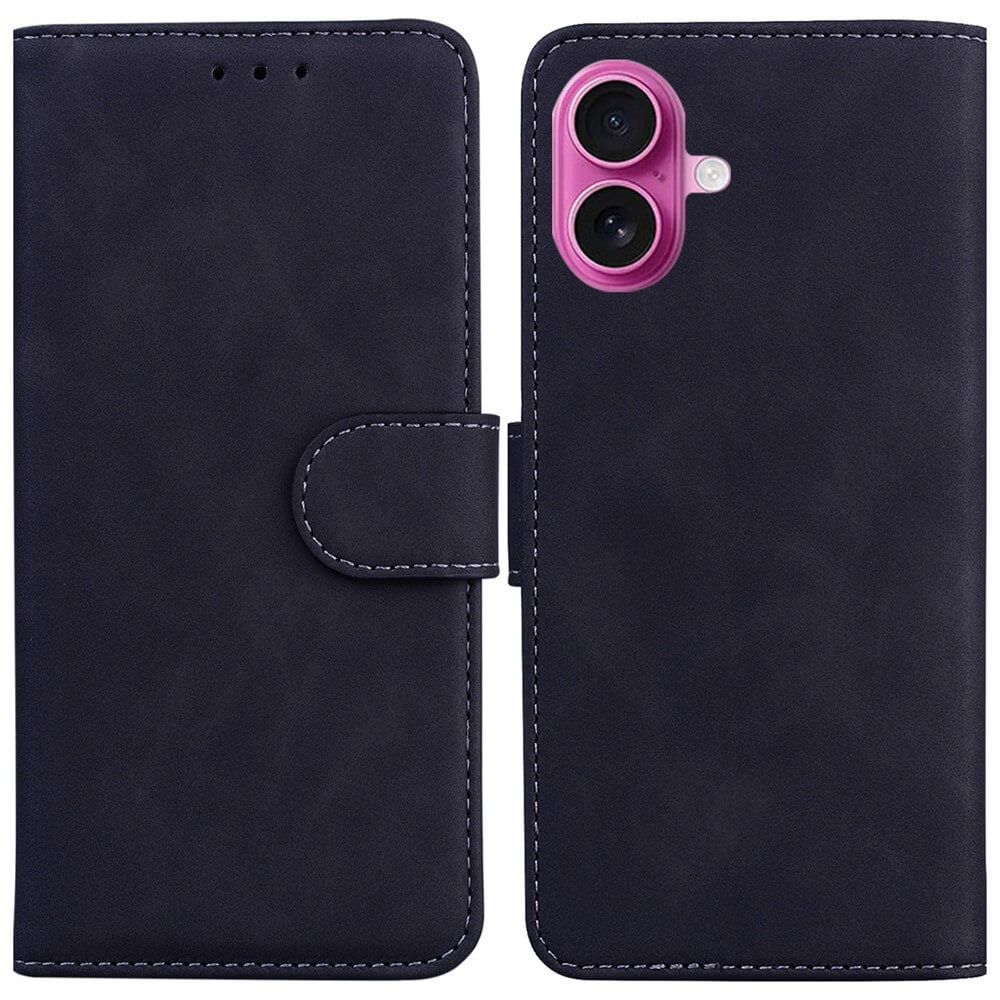 Die Cover-Discount iPhone 17 - Solide Leder Etui Hülle aus dunkelviolettem PU-Leder verfügt über sichtbare Nähte, einen rosa akzentuierten Ausschnitt für die Dual-Kamera und verbindet den Stil einer Handyhülle Portemonnaie mit raffiniertem Schutz.