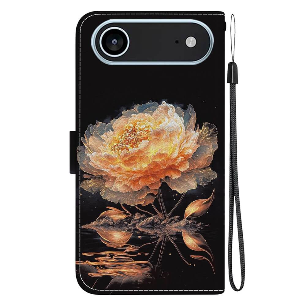 Die Cover-Discount iPhone 17 Air Tasche Hülle mit Blüten Motiv in Schwarz überzeugt mit großem, goldenem Blumen- und Blätterdesign sowie praktischem Handgelenkriemen. Ideal als Handyhülle für das iPhone 17!.
