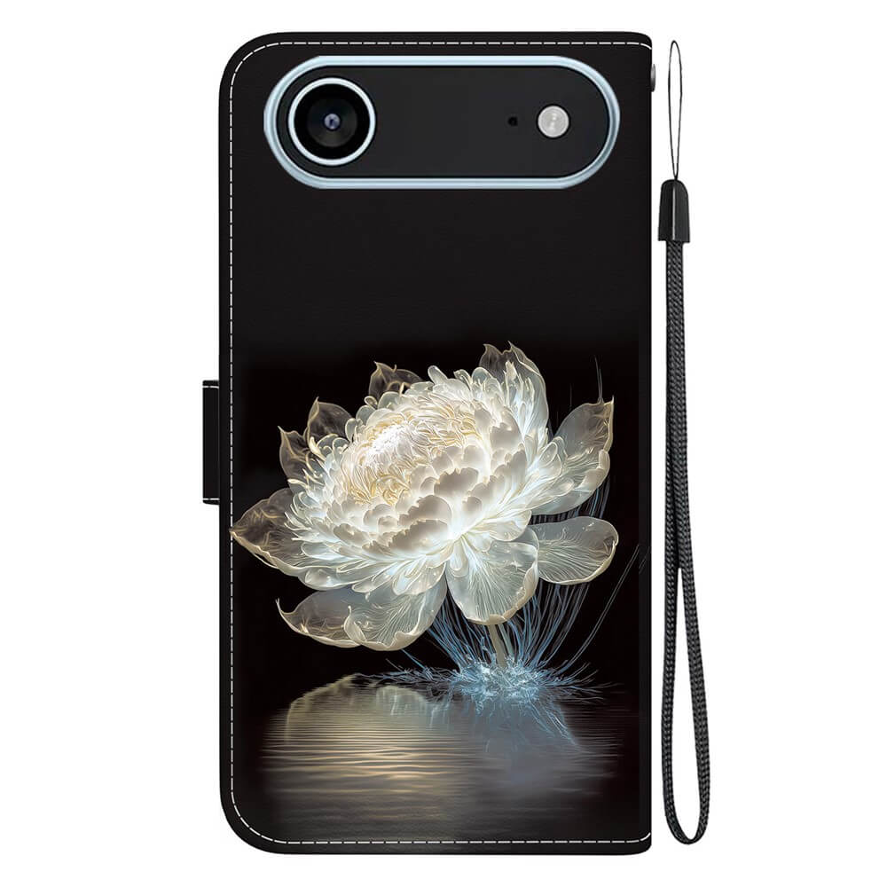 Die Cover-Discount iPhone 17 Air Tasche Hülle mit Blüten Motiv bietet ein leuchtendes Lotus-Design, passgenauen Schutz und praktisches Kartenfach samt schwarzem Handgelenkband für dein iPhone 17.