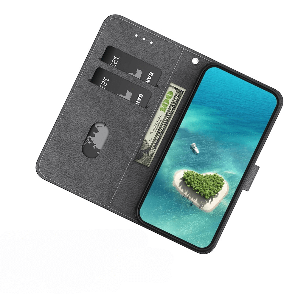 Die Cover-Discount iPhone 17 Pro - Tasche Hülle mit Blüten Motiv hält zwei Karten, einen Geldschein und ein Handy mit Inselmotiv.