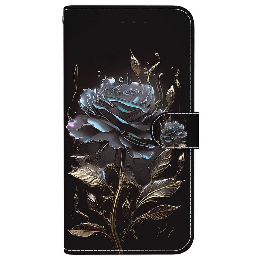 Die iPhone 17 Pro - Tasche Hülle mit Blüten Motiv von Cover-Discount besticht durch ein elegantes Design: blaue Rose und goldene Blätter auf schwarzem Hintergrund. Ideal zum stilvollen Schutz Ihres Geräts.