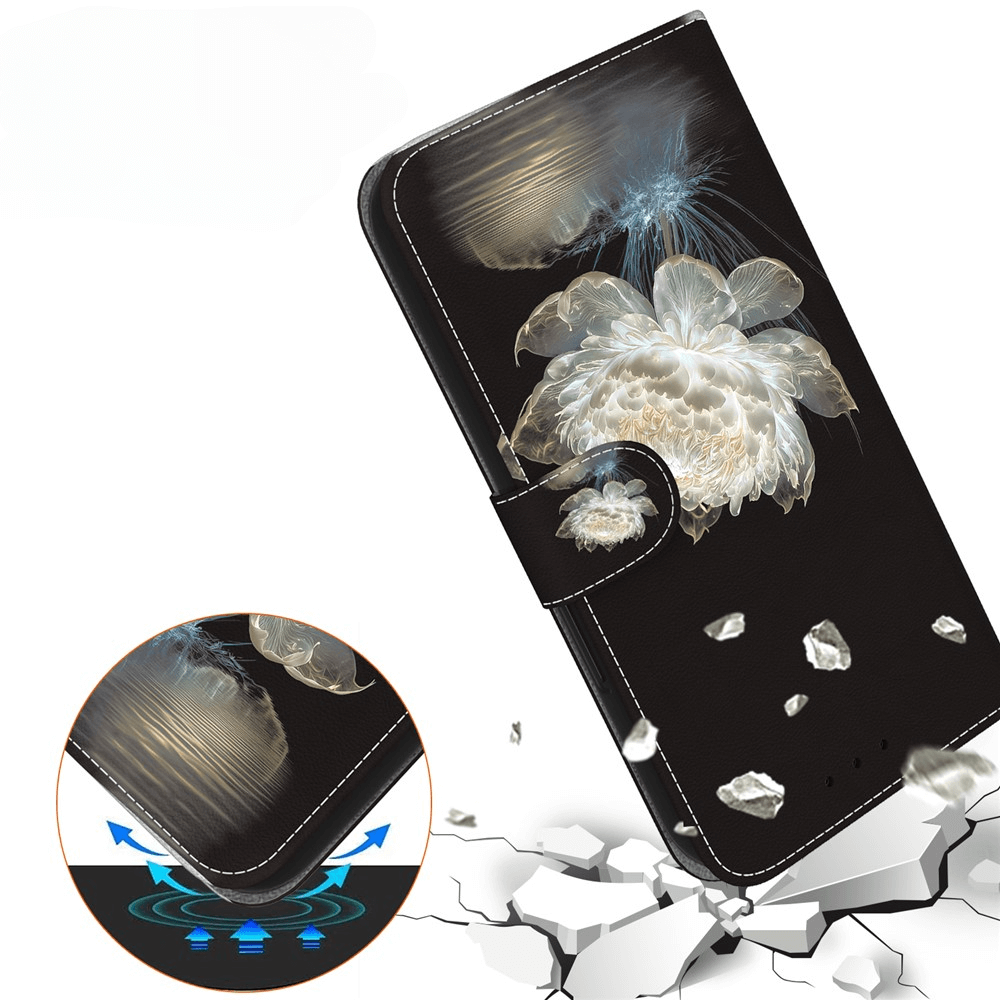 Die Cover-Discount iPhone 17 Pro - Tasche Hülle mit Blüten Motiv bietet eine schwarze Hülle mit weißem Blumendesign, schwebenden Blütenblättern und stoßdämpfendem Schutz - ideal für den stilvollen Schutz Ihres iPhone 17 Pro.