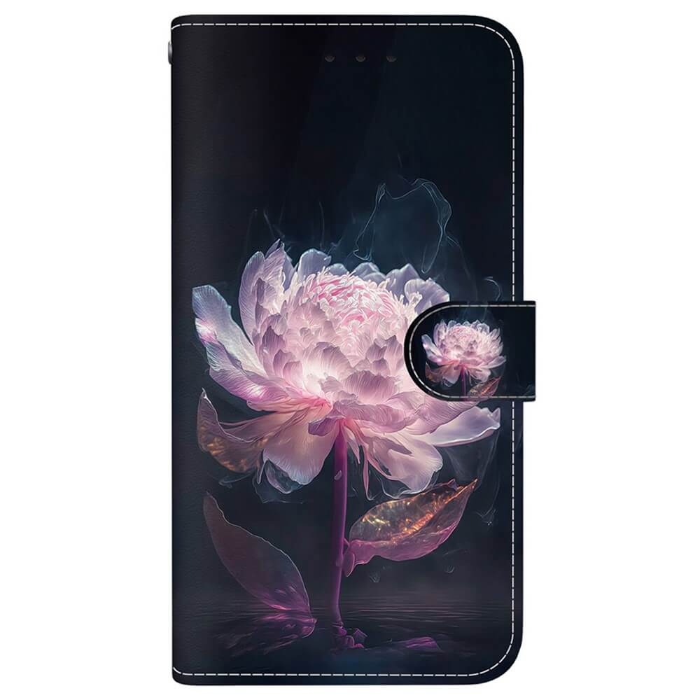 Cover-Discount iPhone 17 Pro - Tasche Hülle mit Blüten Motiv: Leuchtend pinkes Pfingstrosenmotiv, weiße Nähte auf dunklem Hintergrund - ideal als stylische Wallet Hülle für Ihr iPhone 17 Pro.