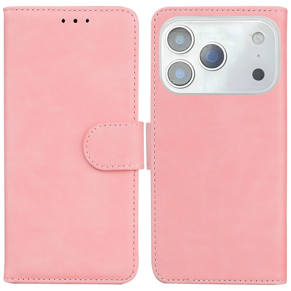Die Cover-Discount iPhone 17 Pro - Solide Leder Etui Hülle in Pink mit Kartenfach: links geschlossen, rechts geöffnet präsentiert, inklusive praktischem Kameraausschnitt.