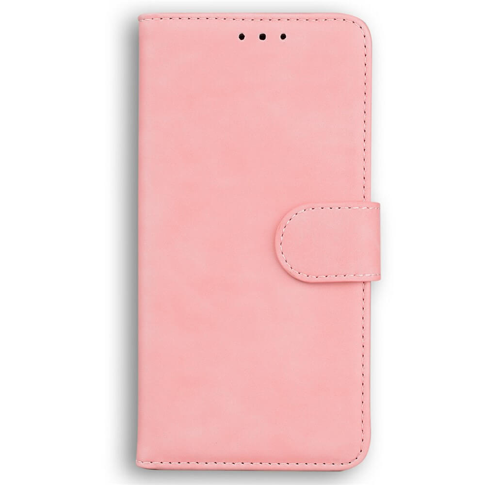 Die Cover-Discount iPhone 17 Pro - Solide Leder Etui Hülle in Hellrosa verfügt über einen Magnetverschluss und ein Kartenfach und verbindet Eleganz und Funktionalität. Abgebildet von vorne geschlossen.