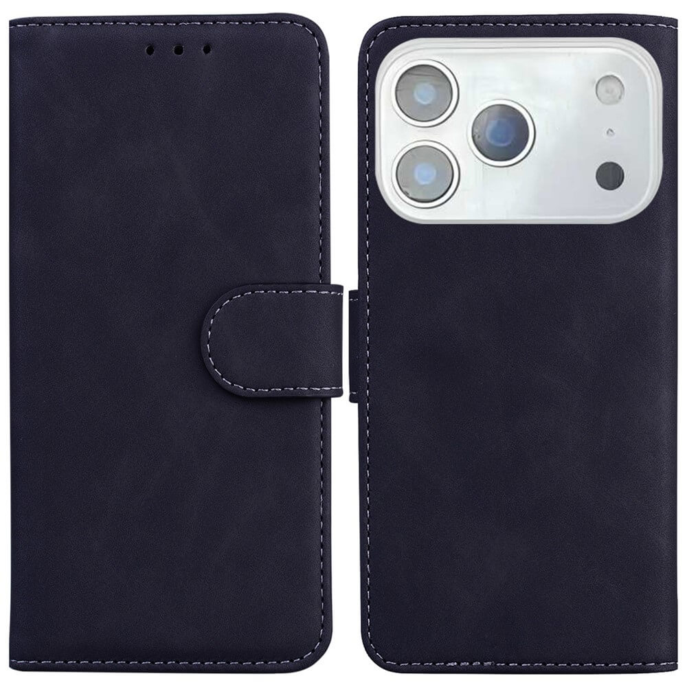 Eine marineblaue Cover-Discount iPhone 17 Pro - Solide Leder Etui Hülle, links geschlossen und rechts geöffnet, um ein iPhone 17 Pro mit einem praktischen Kartenfach zu zeigen.