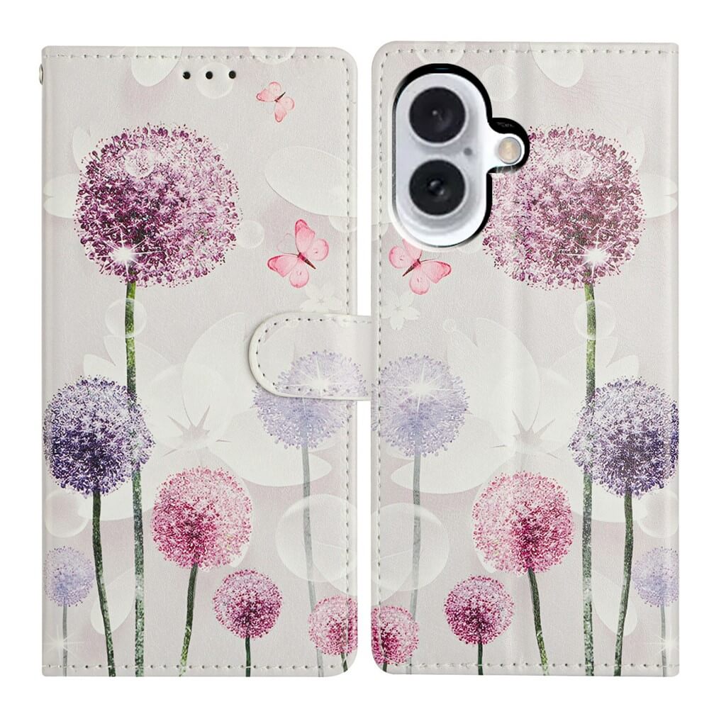 Cover-Discount iPhone 17 Tasche Hülle mit Blüten Motiv, verziert mit lila und pinken Pusteblumen, Schmetterlingen und charmantem Blumendesign auf weißem Hintergrund.