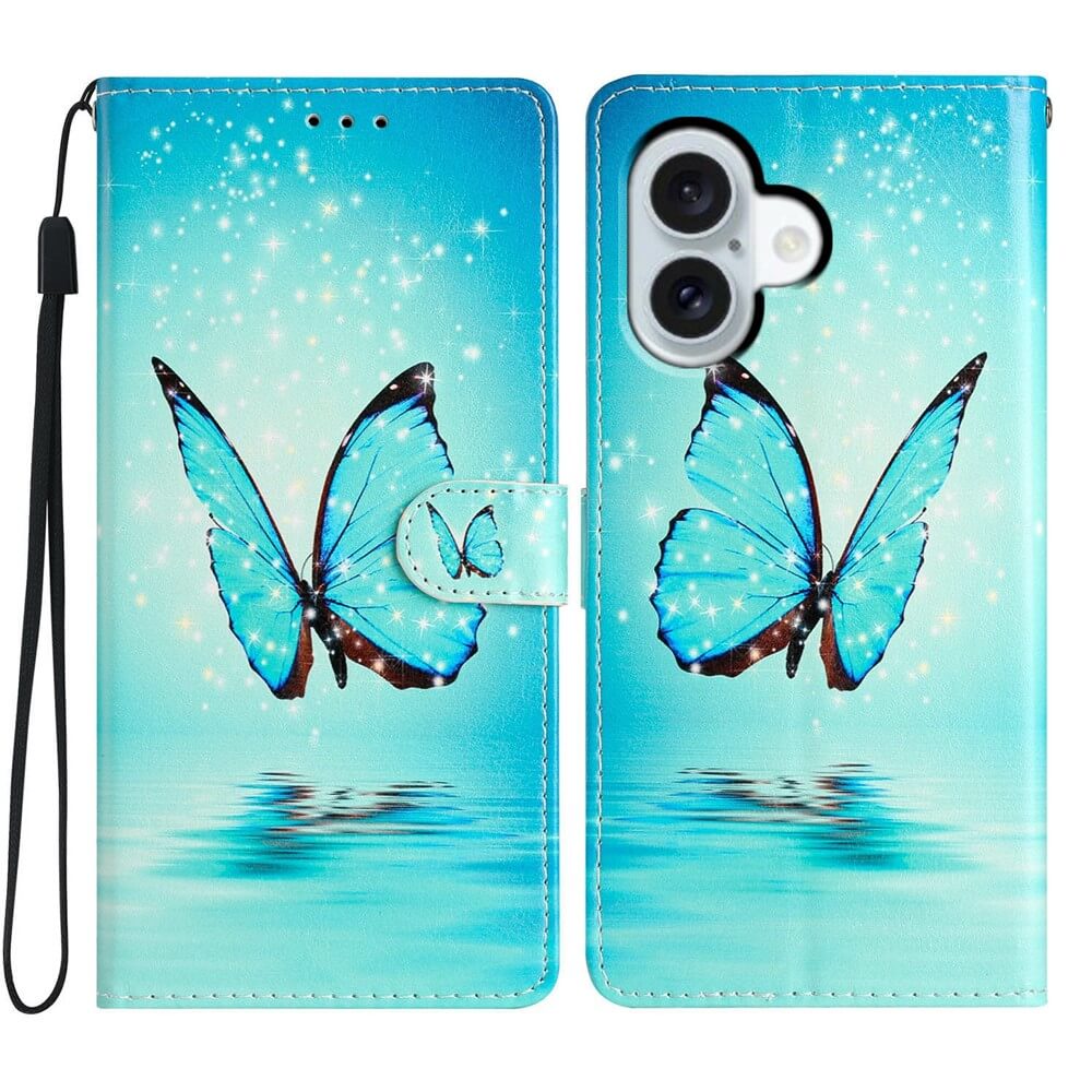 Die Cover-Discount iPhone 17 - Tasche Hülle mit Motiv mit zwei großen blauen Schmetterlingen und funkelnden Lichteffekten über Wasser, bietet stilvollen Rundum-Schutz für Ihr Gerät.