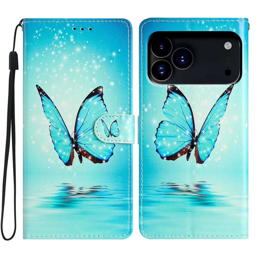 Die Cover-Discount iPhone 17 Pro - Tasche Hülle mit Motiv zeigt zwei blaue Schmetterlinge mit funkelnden Lichteffekten auf Wasser-Hintergrund.