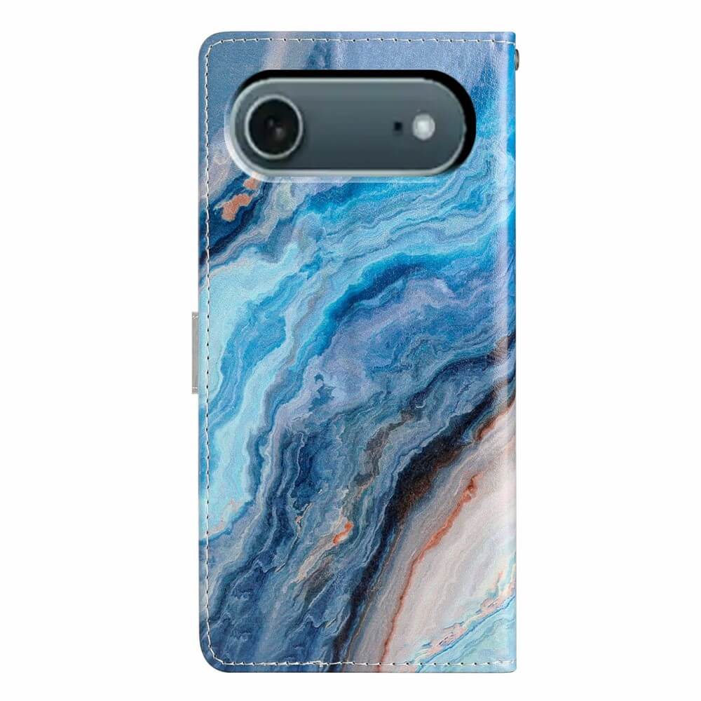 Das Cover-Discount iPhone 17 Air - Etui mit Marble Motiv zeigt ein blaues, weißes und oranges Marmordesign mit Kameraausschnitt - ideal, um Ihrem iPhone 17 einen einzigartigen Stil zu verleihen.