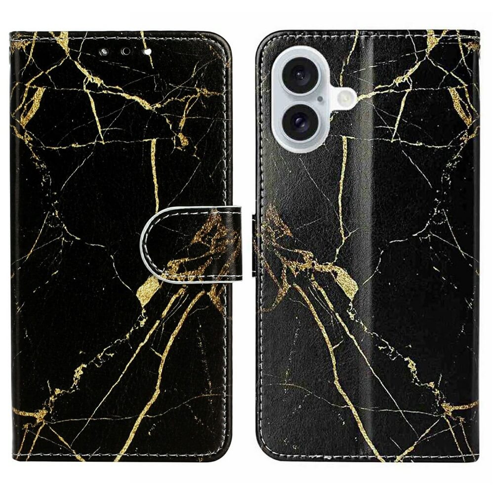 Das Cover-Discount iPhone 17 - Etui mit Marble Motiv in Schwarz-Gold bietet ein elegantes Design, Klappverschluss und Kameraausschnitt-stabilen Schutz für Ihr Gerät.