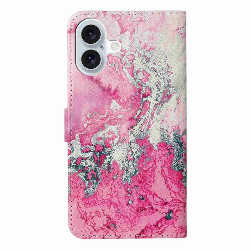 Das Cover-Discount iPhone 17 - Etui mit Marble Motiv in Pink und Weiß verfügt über präzise Kameraausschnitte und wird hier von hinten gezeigt.