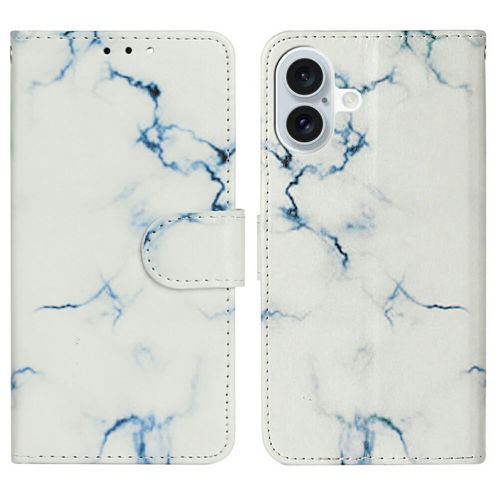 Cover-Discount iPhone 17 - Etui mit Marble Motiv zeigt ein offenes Design im weißen und blauen Marmor-Look, beide Seiten der Hülle sind sichtbar.