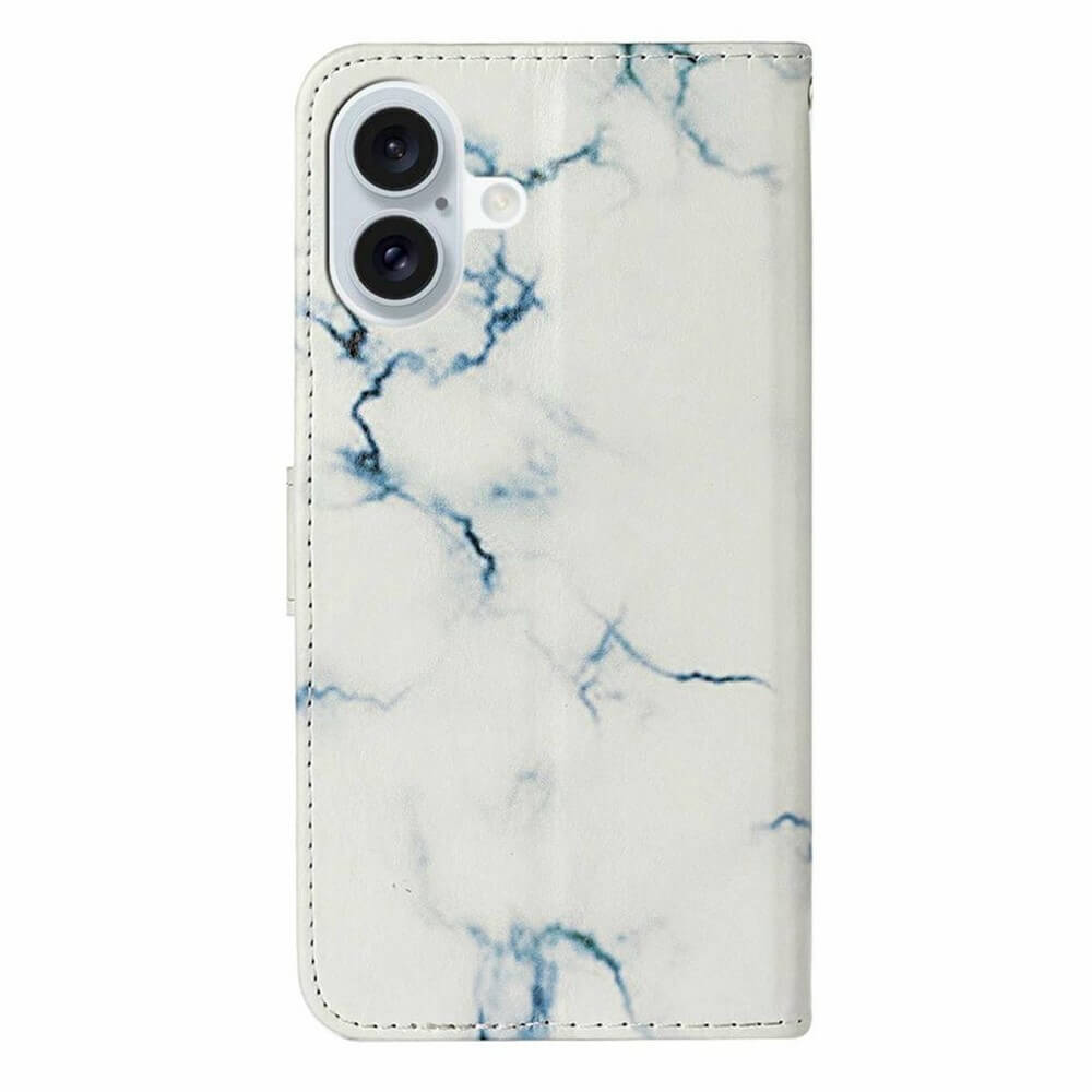 Das Cover-Discount iPhone 17 - Etui mit Marble Motiv ist eine weiße Hülle mit blau-grauem Marmor-Design und Aussparungen für die Dual-Kamera auf der Rückseite.