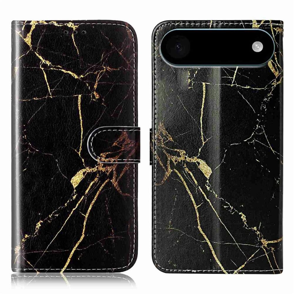 Das Cover-Discount iPhone 17 Air Etui mit Marble Motiv in Schwarz mit goldenen Akzenten bietet Magnetverschluss und zeigt Vorder- sowie Rückseite.