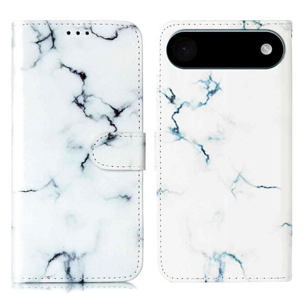 Das Cover-Discount iPhone 17 Air - Etui mit Marble Motiv zeigt ein stilvolles blaues und schwarzes Marmordesign, sowohl offen als auch geschlossen von hinten - perfekter Schutz und Eleganz für Ihr iPhone 17.