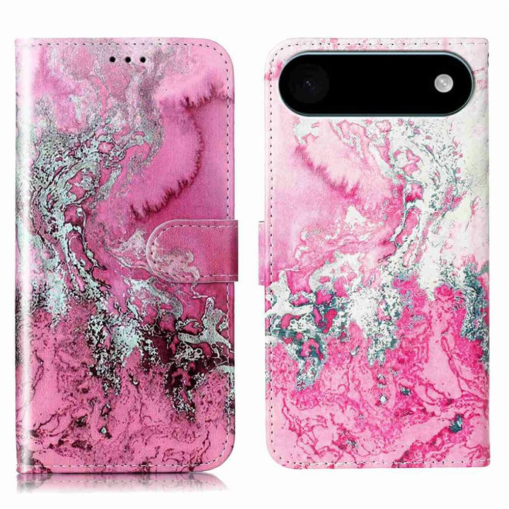 Das Cover-Discount iPhone 17 Air - Etui mit Marble Motiv zeigt ein rosafarbenes Marmormuster mit weißen und silbernen Wirbeln auf der Vorder- und Rückseite und ist als stilvolle Brieftaschenhülle für das iPhone 17 konzipiert.