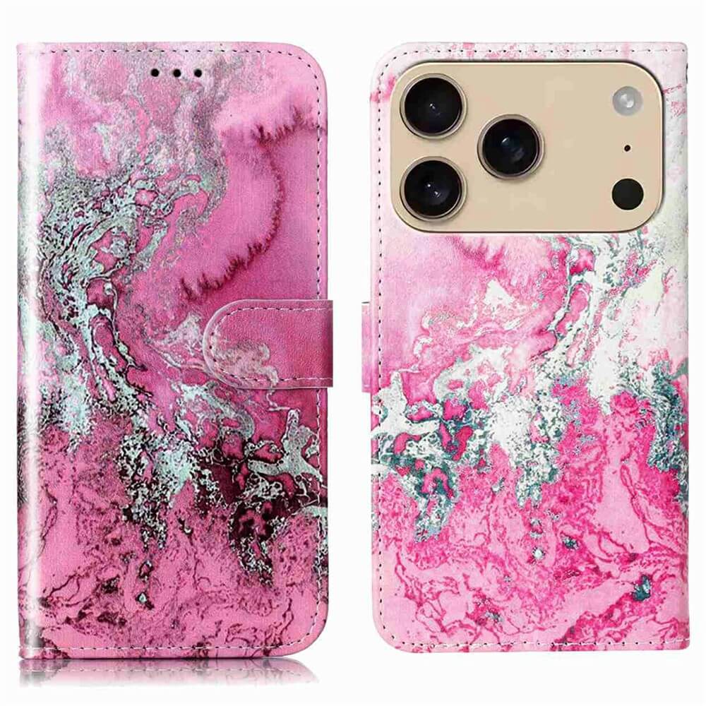 Das Cover-Discount iPhone 17 Pro - Etui mit Marble Motiv verfügt über ein rosa-weißes Marmordesign, einen Kartenhalter und eine stylische Ledertasche - eleganter und funktionaler Schutz auf Vorder- und Rückseite.