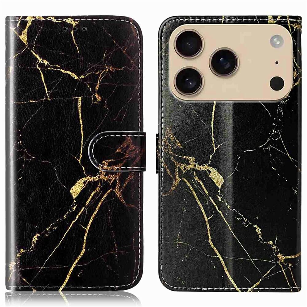 Das Cover-Discount iPhone 17 Pro Max - Etui mit Marble Motiv zeigt ein stilvolles goldenes Marmormuster, offen und geschlossen mit einem Telefon im Inneren, kombiniert Eleganz und Schutz für Ihr Gerät.